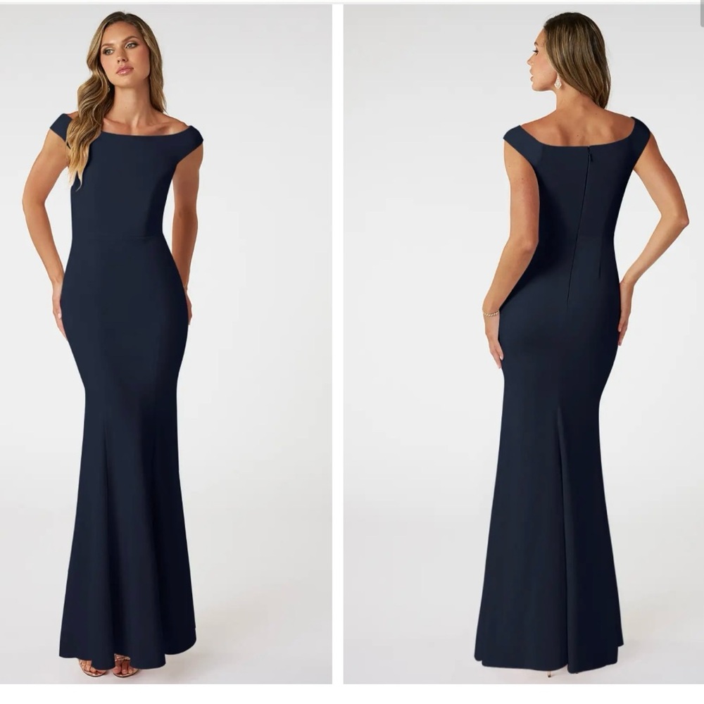 Azazie Navy Off-the-Shoulder Fit-and-Flare Wedding Dress